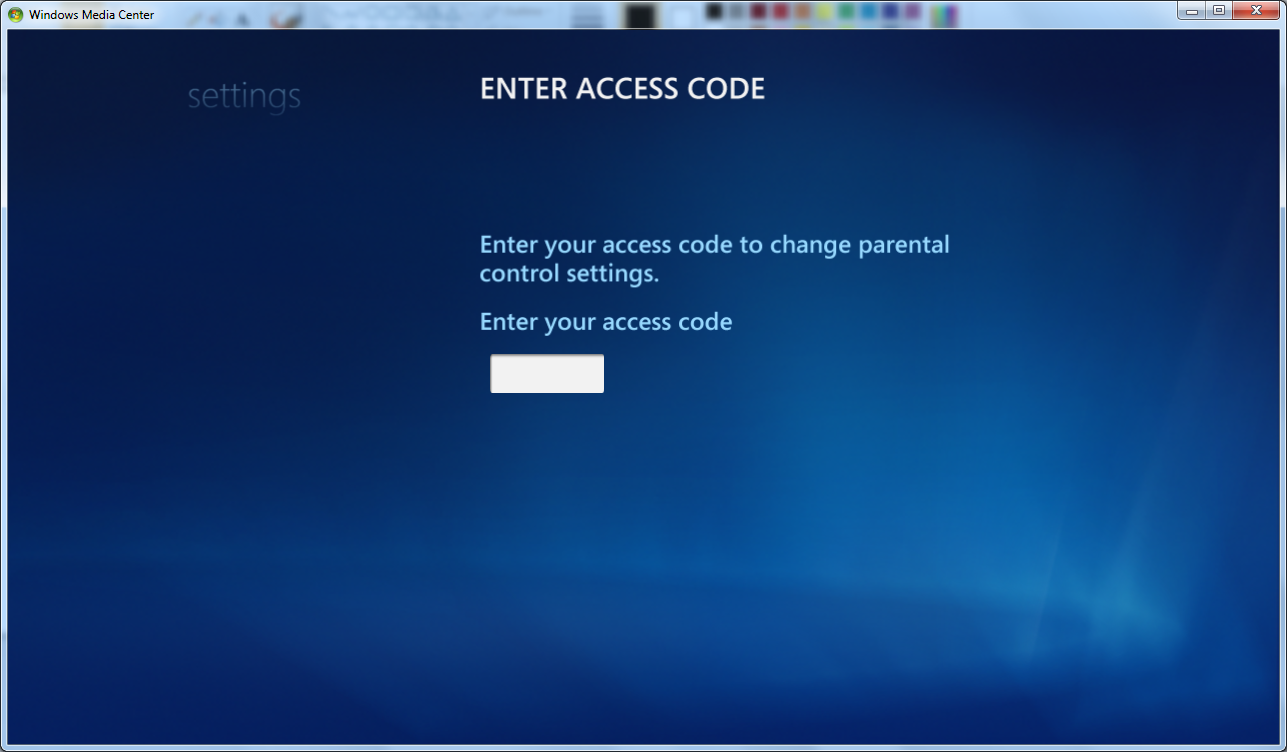 Меню введите код. Windows Media Center. Access code. Enter code.